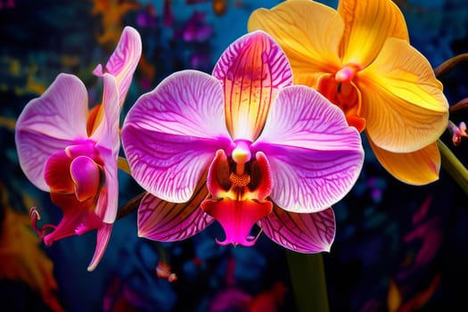 Captivating image of yellow and purple orchids with lush green leaves, set against rich starry background, perfect for adding elegance and natures beauty to creative projects
