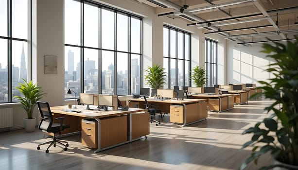Sunlight pours through vast windows, illuminating a serene workspace. The scent of potted plants mingles with the hum of distant city life. Desks stand ready, bathed in a calm, inviting light, evoking a sense of possibility and quiet productivity.