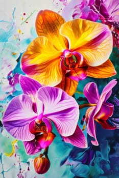 Captivating image of yellow and purple orchids with lush green leaves, set against rich starry background, perfect for adding elegance and natures beauty to creative projects