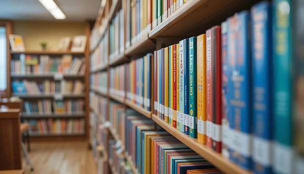 Rows of vibrant books stretch into soft focus, whispering tales untold. Warm light dances on spines, inviting curious fingers. The scent of aged pages and wood mingle, evoking nostalgia and the promise of endless escapes. A sanctuary of stories, beckoning solace and wonder.