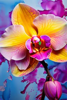 Captivating image of yellow and purple orchids with lush green leaves, set against rich starry background, perfect for adding elegance and natures beauty to creative projects