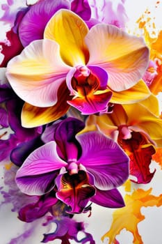 Captivating image of yellow and purple orchids with lush green leaves, set against rich starry background, perfect for adding elegance and natures beauty to creative projects