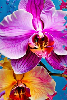 Captivating image of yellow and purple orchids with lush green leaves, set against rich starry background, perfect for adding elegance and natures beauty to creative projects