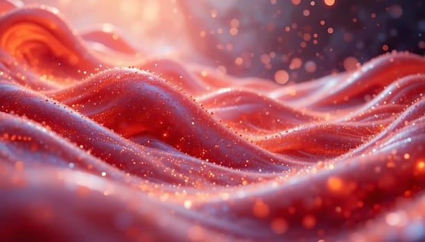 Crimson waves ripple like whispered secrets, shimmering with stardust. Warmth radiates as soft light dances through ethereal mists, evoking a sense of tranquil wonder and mysterious allure.