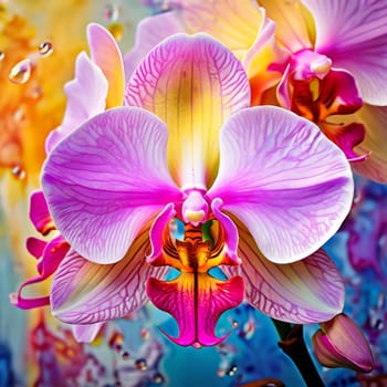 Captivating image of yellow and purple orchids with lush green leaves, set against rich starry background, perfect for adding elegance and natures beauty to creative projects
