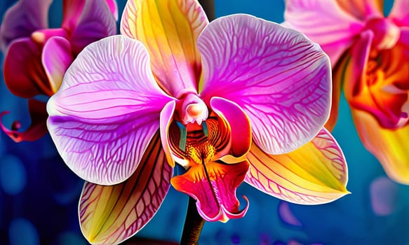 Captivating image of yellow and purple orchids with lush green leaves, set against rich starry background, perfect for adding elegance and natures beauty to creative projects