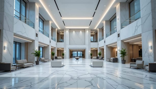 Gleaming marble reflects soft light, casting a serene glow upon the expansive foyer. The air whispers calm, each potted plant and sleek sofa inviting repose amidst a symphony of tranquility. Elegance and peace intertwine, creating a sanctuary of quiet luxury.