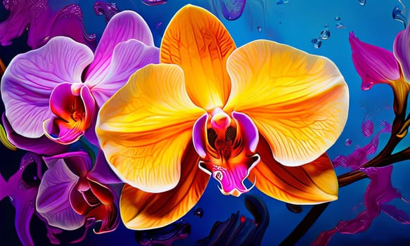 Captivating image of yellow and purple orchids with lush green leaves, set against rich starry background, perfect for adding elegance and natures beauty to creative projects