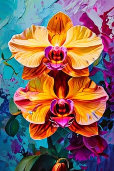 Captivating image of yellow and purple orchids with lush green leaves, set against rich starry background, perfect for adding elegance and natures beauty to creative projects