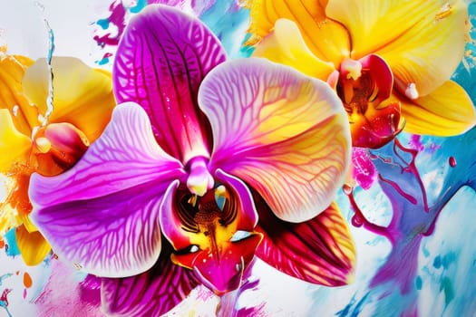 Gorgeous yellow and purple orchids with intricate petals and vibrant green leaves, on dark starry background, offering stunning visual appeal for nature-inspired designs
