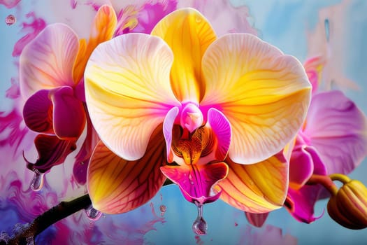Gorgeous yellow and purple orchids with intricate petals and vibrant green leaves, on dark starry background, offering stunning visual appeal for nature-inspired designs