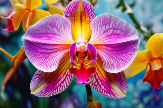 Gorgeous yellow and purple orchids with intricate petals and vibrant green leaves, on dark starry background, offering stunning visual appeal for nature-inspired designs