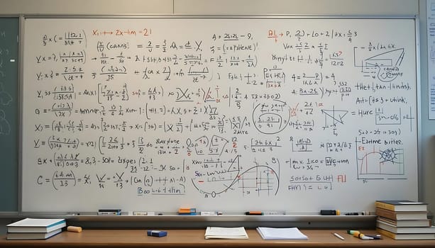 A chalky symphony of chaos, the board whispers secrets in mathematical tongues. Books lie open, absorbing intellect. Echoes of midnight oil burned, genius wrestling with enigma, linger in the silent classroom air.