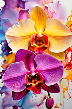 Gorgeous yellow and purple orchids with intricate petals and vibrant green leaves, on dark starry background, offering stunning visual appeal for nature-inspired designs