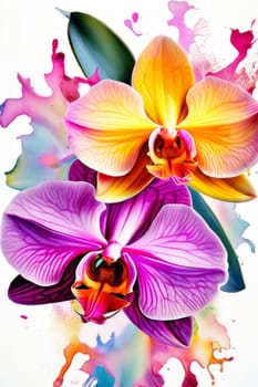 Gorgeous yellow and purple orchids with intricate petals and vibrant green leaves, on dark starry background, offering stunning visual appeal for nature-inspired designs