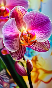 Gorgeous yellow and purple orchids with intricate petals and vibrant green leaves, on dark starry background, offering stunning visual appeal for nature-inspired designs