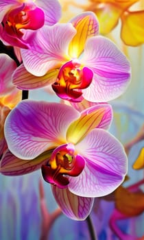 Gorgeous yellow and purple orchids with intricate petals and vibrant green leaves, on dark starry background, offering stunning visual appeal for nature-inspired designs