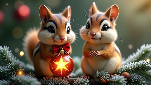 Cute squirrels holding a Christmas ball