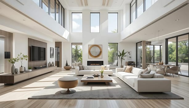 A serene, light-flooded sanctuary, where towering windows embrace the sky. Plush sofas invite relaxation, as sunlight dances on polished floors. The warmth of a modern fireplace and lush greenery beyond the glass offer a tranquil, luxurious escape.