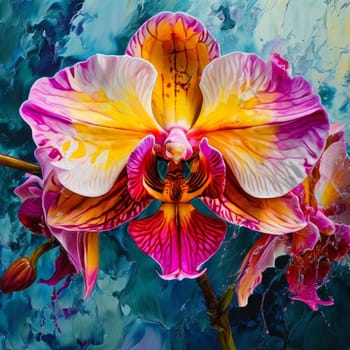 Gorgeous yellow and purple orchids with intricate petals and vibrant green leaves, on dark starry background, offering stunning visual appeal for nature-inspired designs