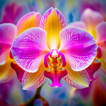 Charming orchids in yellow and purple tones with lush green leaves, positioned against deep starry backdrop, perfect for floral-themed designs and elegant nature-inspired projects