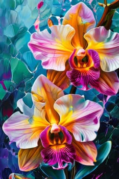 Charming orchids in yellow and purple tones with lush green leaves, positioned against deep starry backdrop, perfect for floral-themed designs and elegant nature-inspired projects