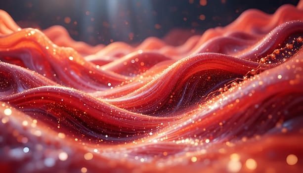 Shimmering crimson waves ripple through a twilight expanse, each crest glowing like embers against velvet night. Sparks dance, ephemeral as dreams, evoking a sense of mystery and wonder. A silent symphony of light and shadow stirs the soul.