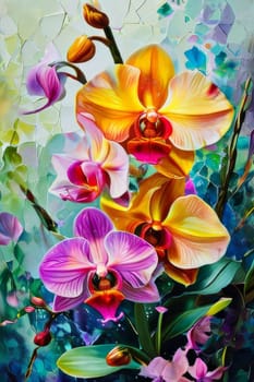 Charming orchids in yellow and purple tones with lush green leaves, positioned against deep starry backdrop, perfect for floral-themed designs and elegant nature-inspired projects