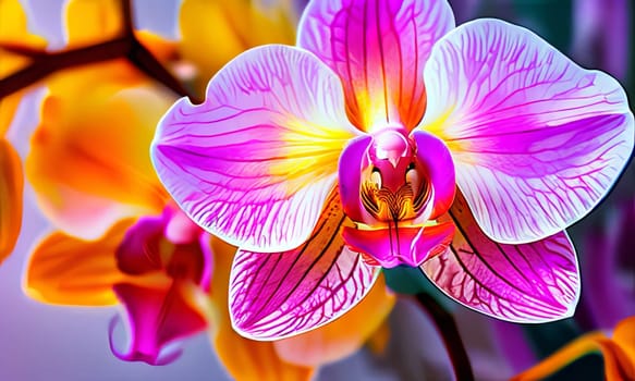 Charming orchids in yellow and purple tones with lush green leaves, positioned against deep starry backdrop, perfect for floral-themed designs and elegant nature-inspired projects