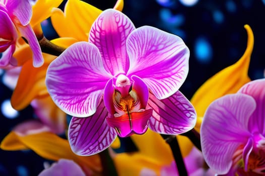 Charming orchids in yellow and purple tones with lush green leaves, positioned against deep starry backdrop, perfect for floral-themed designs and elegant nature-inspired projects