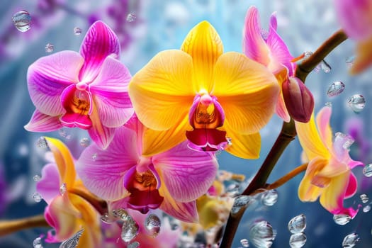 Charming orchids in yellow and purple tones with lush green leaves, positioned against deep starry backdrop, perfect for floral-themed designs and elegant nature-inspired projects