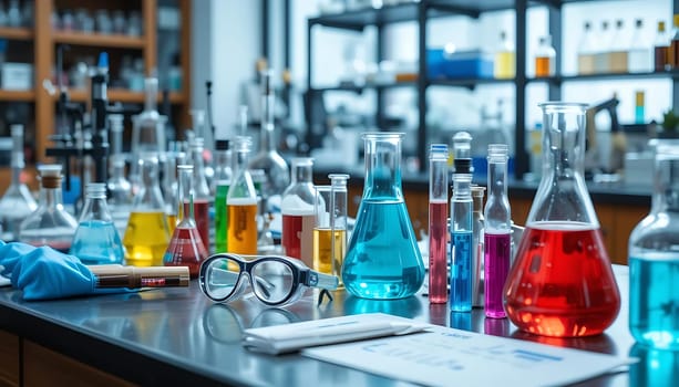 In a lab bathed in soft, clinical light, a symphony of colored liquids dances in beakers, evoking a sense of wonder and discovery. Silent test tubes whisper secrets of science, while goggles and notepad await the next curious mind, eager to unlock mysteries.