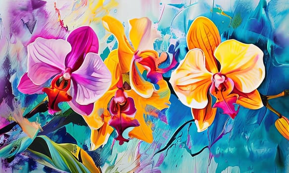 Charming orchids in yellow and purple tones with lush green leaves, positioned against deep starry backdrop, perfect for floral-themed designs and elegant nature-inspired projects