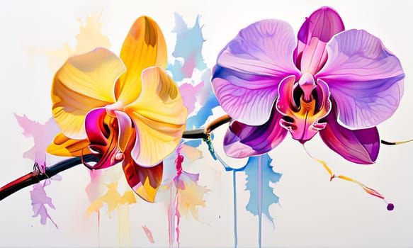 Charming orchids in yellow and purple tones with lush green leaves, positioned against deep starry backdrop, perfect for floral-themed designs and elegant nature-inspired projects