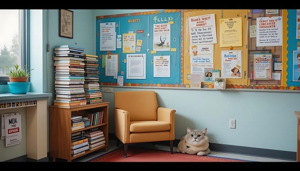 A cozy, quiet library corner bathed in soft light. A curious cat lounges, guarding stacks of well-loved books. Posters and notes whisper stories of community. The space invites contemplation, a haven for the curious and dreamers alike.