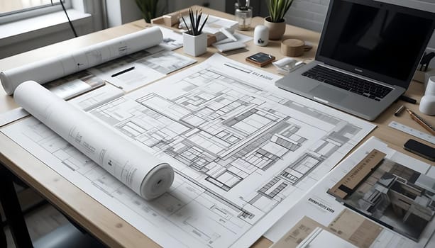 A creative sanctuary bathed in soft light. Blueprints sprawl across the desk, hinting at dreams materializing. Potted greenery breathes life, while the hum of a laptop whispers determination. Hope and ambition intertwine in this quiet, inspired space.