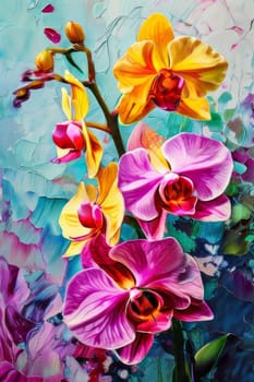 Elegant yellow and purple orchids with delicate petals and rich green leaves, set against dark starry background, creating stunning visual for nature lovers and floral art enthusiasts