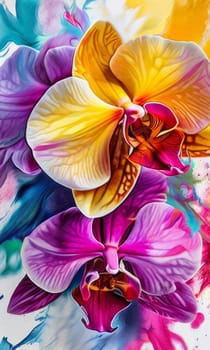 Elegant yellow and purple orchids with delicate petals and rich green leaves, set against dark starry background, creating stunning visual for nature lovers and floral art enthusiasts