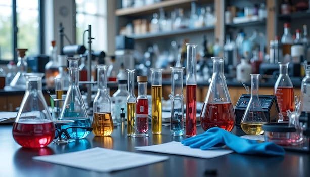 A symphony of colors dances in glass vessels under the laboratory's soft glow. Whispers of discovery and the thrill of the unknown permeate the air, as if the secrets of science are about to be unlocked. Each hue stirs curiosity, evoking a sense of wonder and anticipation.