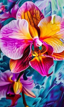 Elegant yellow and purple orchids with delicate petals and rich green leaves, set against dark starry background, creating stunning visual for nature lovers and floral art enthusiasts