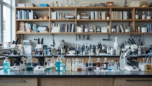In the hallowed silence of the laboratory, shadows dance with dusty sunlight, illuminating rows of mysterious glass vessels filled with vibrant potions. Microscopes stand like silent sentinels, guardians of knowledge and discovery. The air hums with intellectual pursuit, whispers of scientific breakthroughs echoing through the quiet, stirring a sense of wonder and endless possibility.