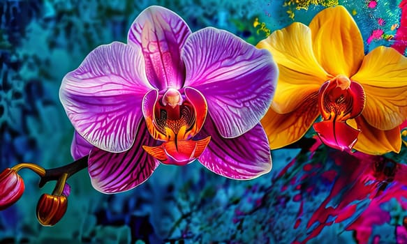 Elegant yellow and purple orchids with delicate petals and rich green leaves, set against dark starry background, creating stunning visual for nature lovers and floral art enthusiasts
