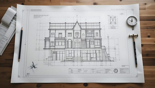 On a rustic wooden table, dreams take shape. Pencil sketches and a clock ticking away time, as meticulous lines form a home, each stroke a promise of shelter, of warmth, of love's architecture.