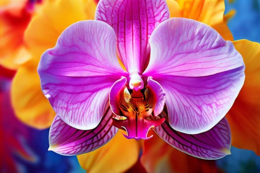 Elegant yellow and purple orchids with delicate petals and rich green leaves, set against dark starry background, creating stunning visual for nature lovers and floral art enthusiasts