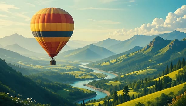 Serene freedom soars above verdant valleys. A hot air balloon dances in the gentle breeze, casting shadows over tranquil rivers. Majestic mountains stand guard as sunlight bathes the landscape in golden warmth. Peace whispers through the leaves, inviting dreams to take flight.