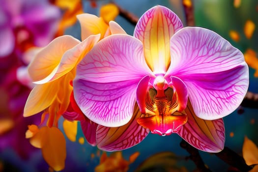 Elegant yellow and purple orchids with delicate petals and rich green leaves, set against dark starry background, creating stunning visual for nature lovers and floral art enthusiasts