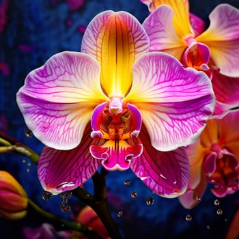 Vibrant yellow and purple orchids with lush green leaves, on deep starry backdrop, offering beautiful floral composition ideal for enhancing elegance in design projects