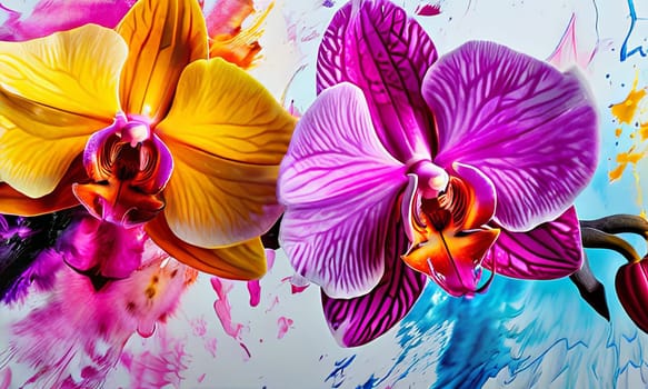 Vibrant yellow and purple orchids with lush green leaves, on deep starry backdrop, offering beautiful floral composition ideal for enhancing elegance in design projects
