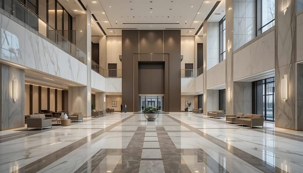 Gleaming marble stretches out endlessly, echoing footsteps whisper secrets. Towering columns and stark lines encase a hushed grandeur. The air hangs weighted with anticipation, as if waiting for a tale to unfold. A sense of quiet majesty and elegant solitude permeates the space.