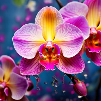 Vibrant yellow and purple orchids with lush green leaves, on deep starry backdrop, offering beautiful floral composition ideal for enhancing elegance in design projects
